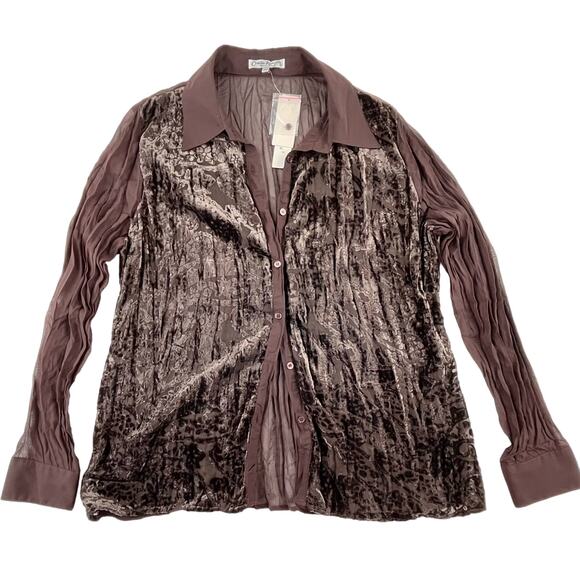 Claudia Richard Tops - EMILY | NWT Plus Size 1X Brown Velvet Sheer Y2K Collared Long Sleeve Crinkle Top
